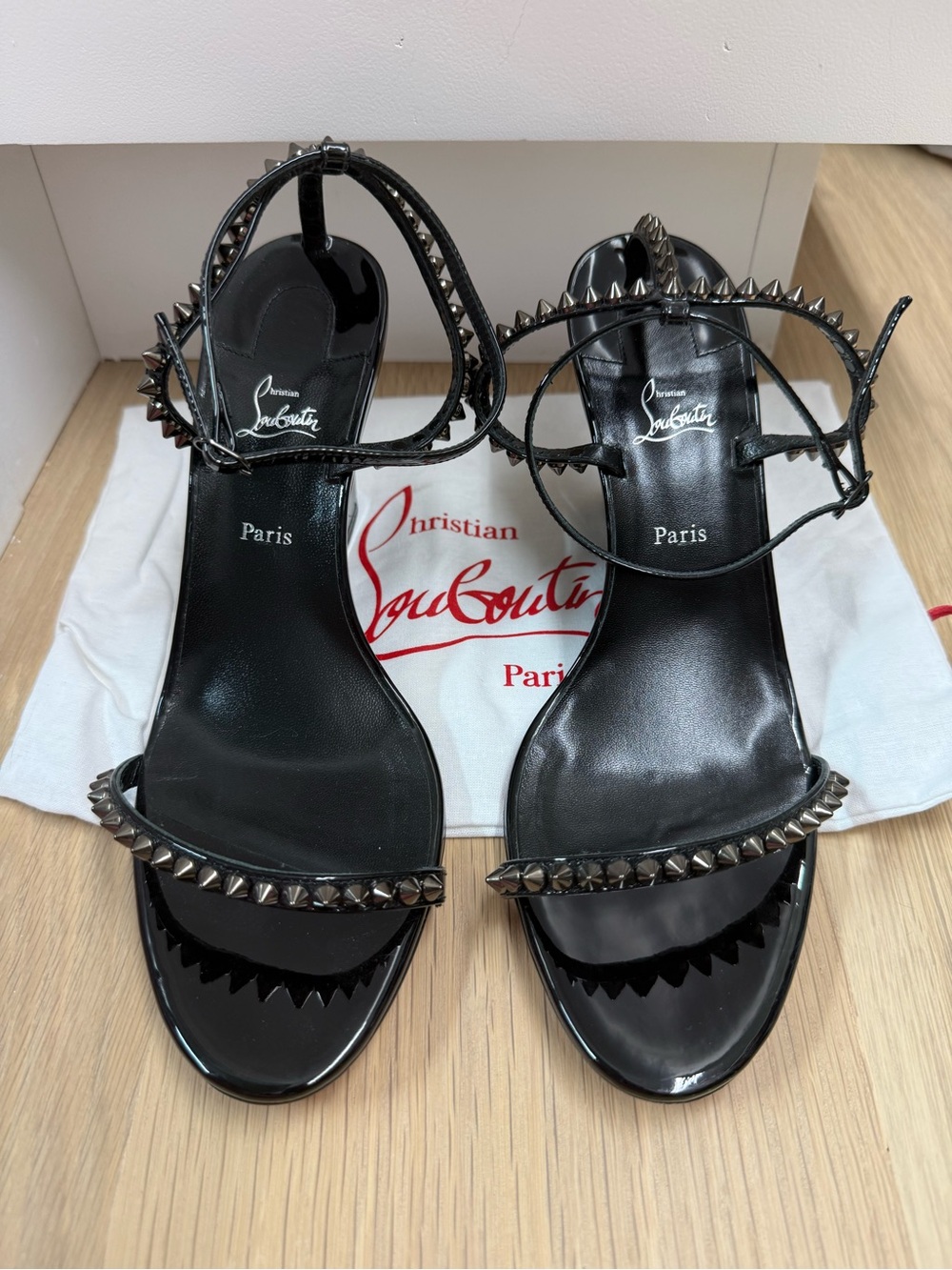Christian Louboutin Black Patent Spike-Strap Heels